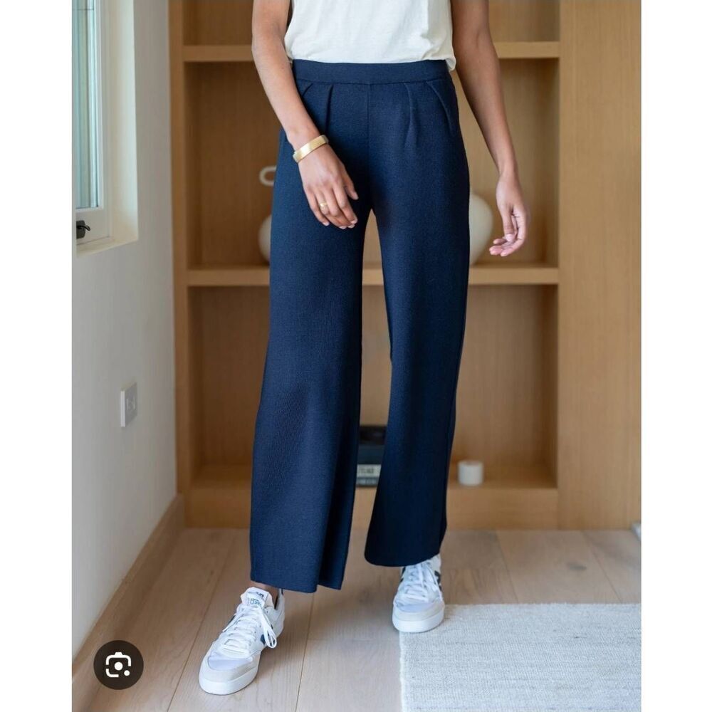 Mersea Seaport Knit Pants Womens Medium Wide Leg Casual Loungewear Navy Blue
